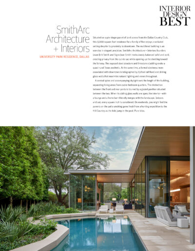 Modern residential exterior with a glass-walled living area, pool, wooden deck, outdoor seating, and lush landscaping; minimalist architectural design.