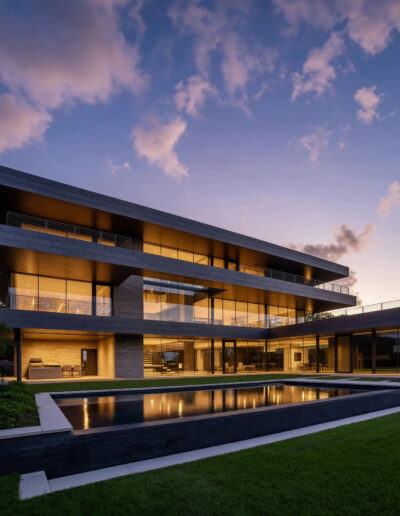 Modern three-story house with large glass windows and balconies, illuminated at dusk, with a rectangular reflecting pool and manicured lawn in the foreground.